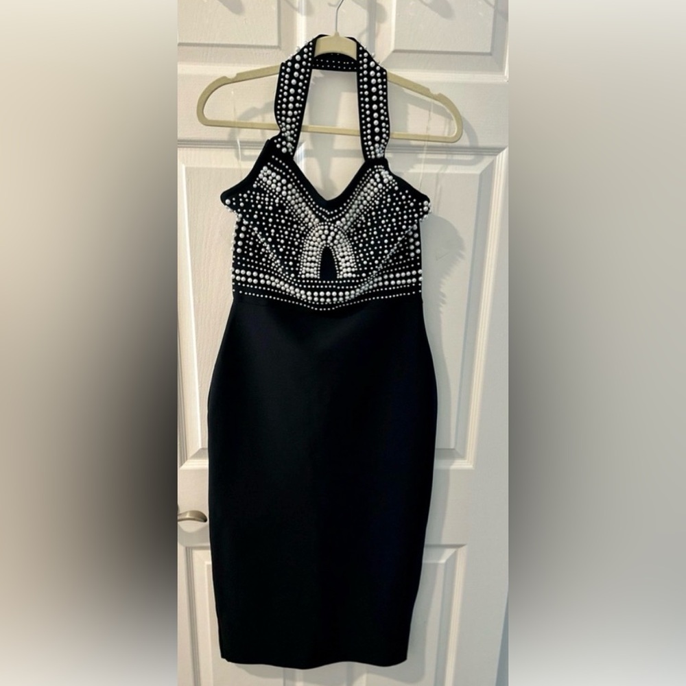 Chic Black and White Halter Midi Dress